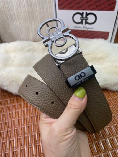 1:1 Ferragamo  Chocolate&Black Leather Belt  with Silver Double Logo buckle  3.5cm